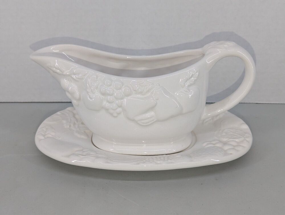Gibson Elite White Fruit 2-PC Gravy Boat Saucer & Under Plate